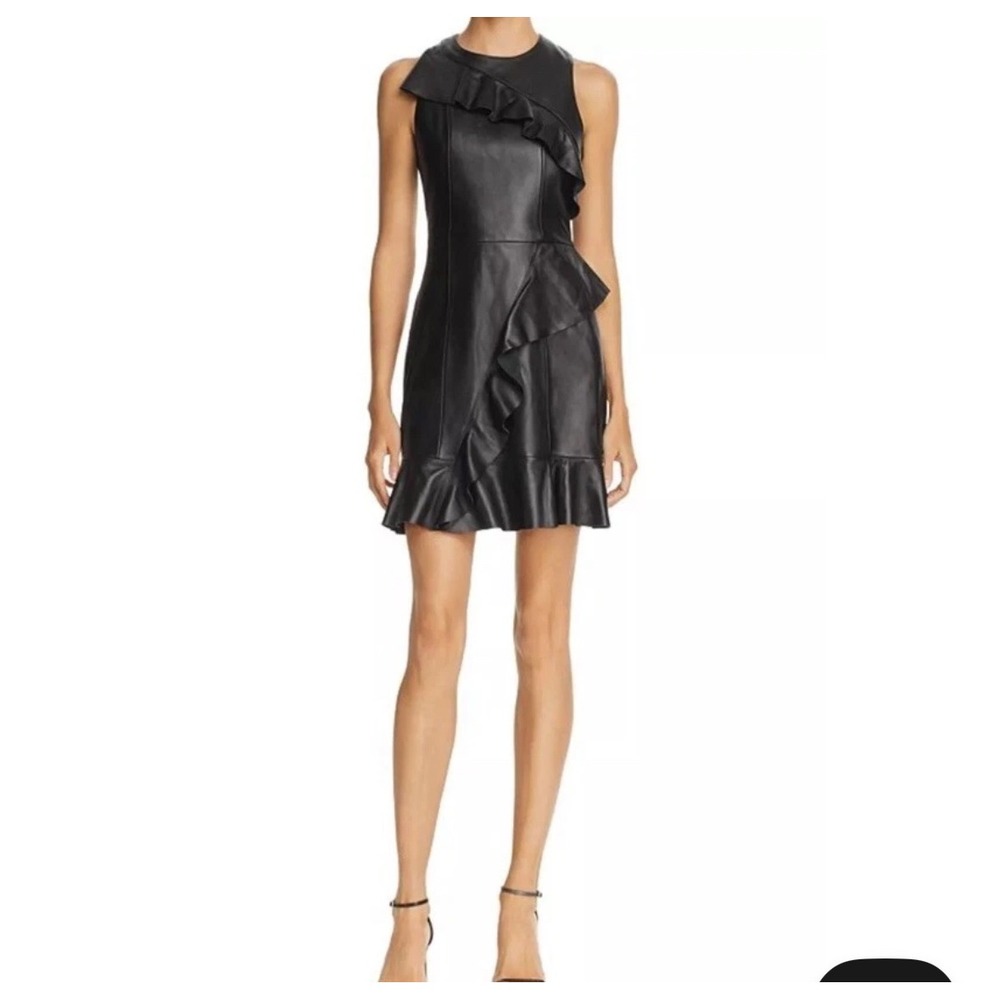 NWT Parker Black Leather Ruffle Sheath Mini Dress Size 10 Sleeveless Party Date
